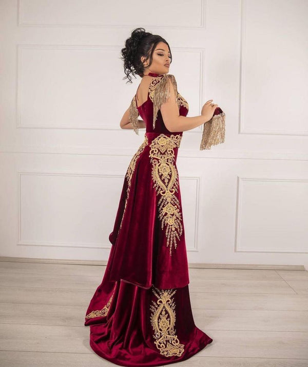 Sleeveless Velvet Burgundy Mermaid Prom Party GownsTassel Gold Appliques Evening Gown with Front Split-showprettydress