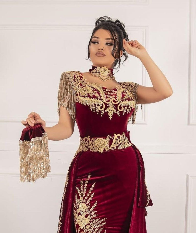 Sleeveless Velvet Burgundy Mermaid Prom Party GownsTassel Gold Appliques Evening Gown with Front Split-showprettydress