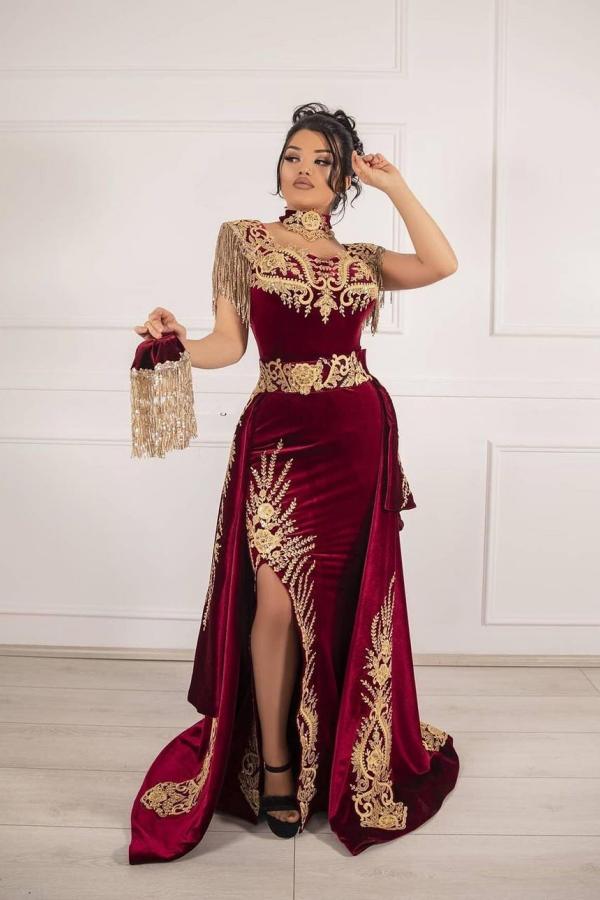 Sleeveless Velvet Burgundy Mermaid Prom Party GownsTassel Gold Appliques Evening Gown with Front Split-showprettydress
