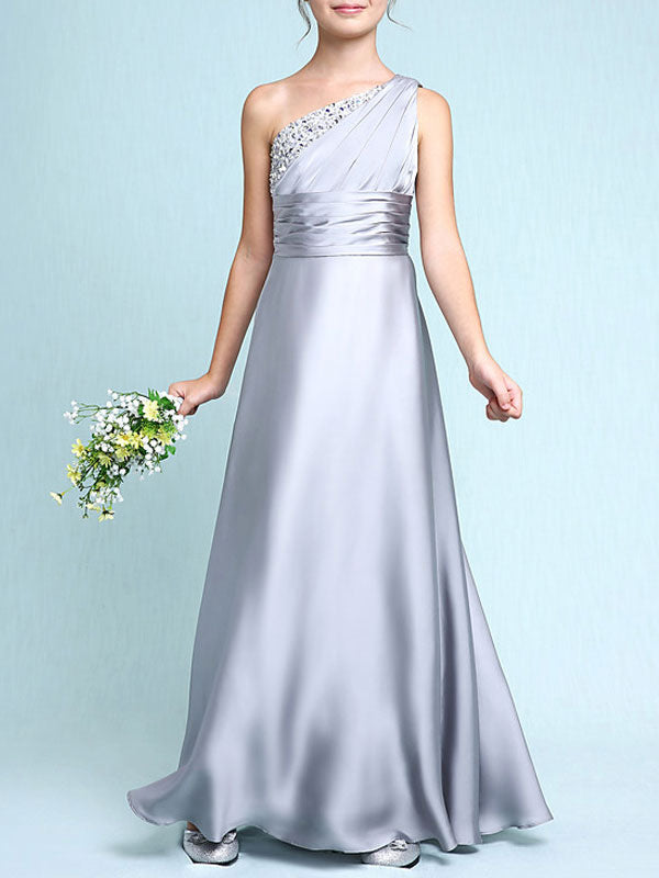 Sliver One Shoulder Elastic Woven Satin Sleeveless A-line Beaded Kids Party Dresses-showprettydress