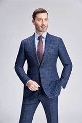 Small Checked Pattern Gentle Mens Suits Peak Lapel Blue Suits for Men-showprettydress