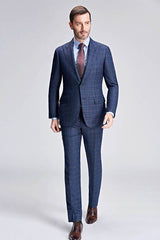 Small Checked Pattern Gentle Mens Suits Peak Lapel Blue Suits for Men-showprettydress