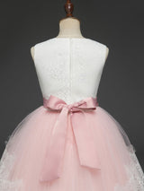 Soft Pink Kids Dress Lace Bows A-line Girls Pageant Dress-showprettydress