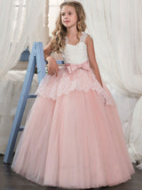 Soft Pink Kids Dress Lace Bows A-line Girls Pageant Dress-showprettydress