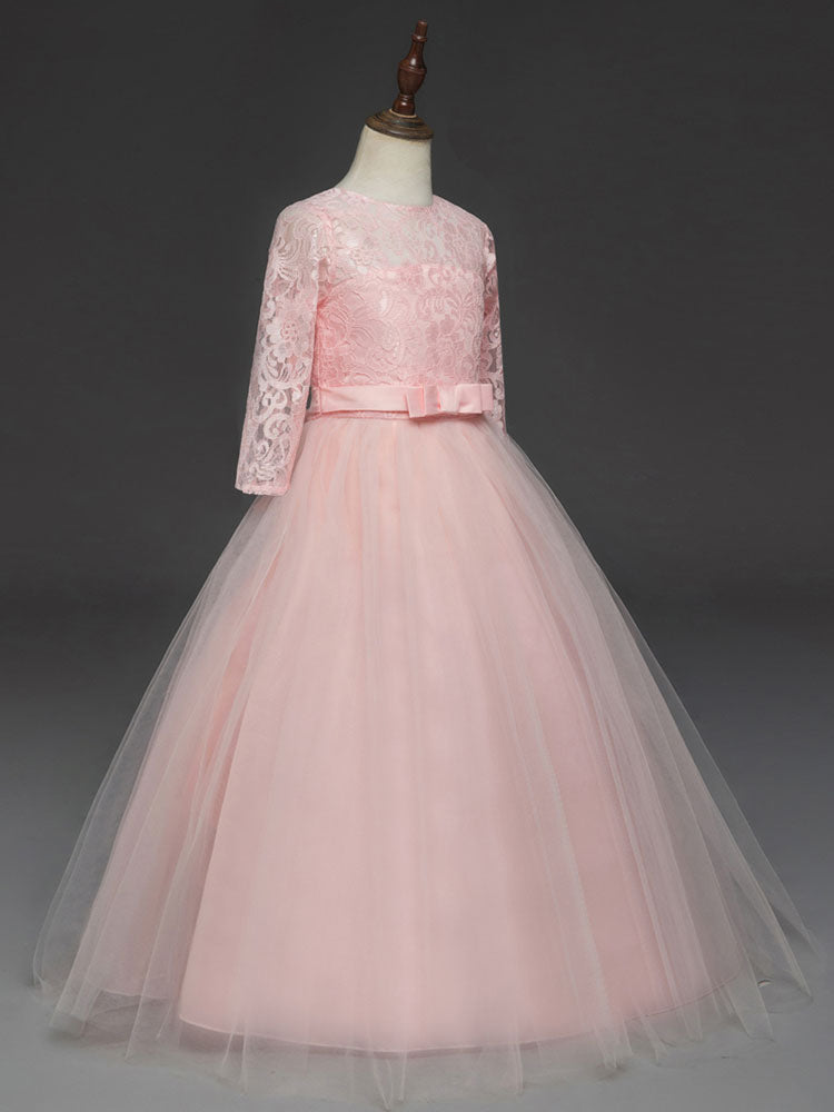 Soft Pink Kids Dress Lace Half Sleeve Bows Tulle A-line Girls Pageant Dress-showprettydress