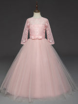 Soft Pink Kids Dress Lace Half Sleeve Bows Tulle A-line Girls Pageant Dress-showprettydress