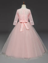 Soft Pink Kids Dress Lace Half Sleeve Bows Tulle A-line Girls Pageant Dress-showprettydress