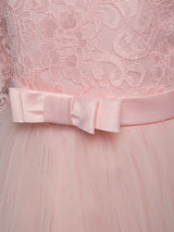 Soft Pink Kids Dress Lace Half Sleeve Bows Tulle A-line Girls Pageant Dress-showprettydress