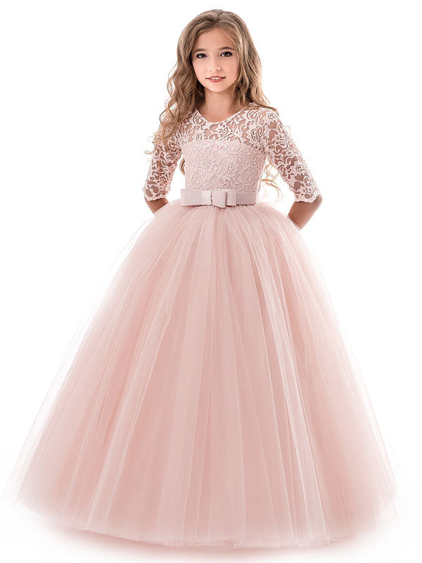 Soft Pink Kids Dress Lace Half Sleeve Bows Tulle A-line Girls Pageant Dress-showprettydress