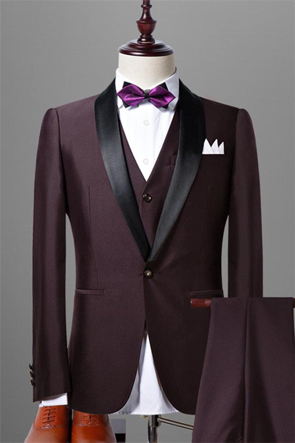 Solid Dark Maroon Wedding Tuxedos for Men Slim Fit Three-pieces Dress Marriage Suits-showprettydress