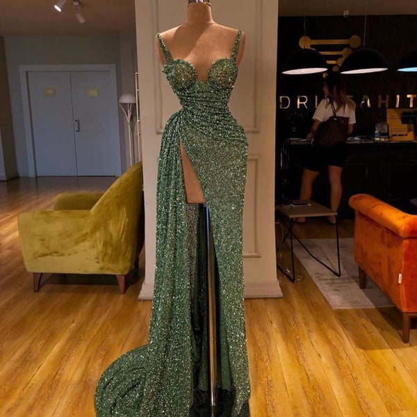 Spaghetti-Starps Shinning Sequins Mermaid Prom Dress With Split-showprettydress