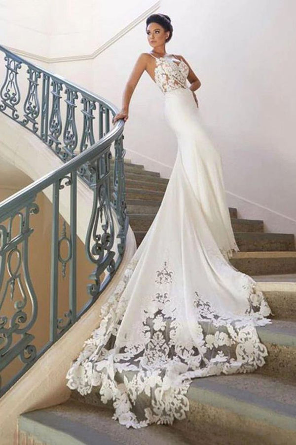 Spaghetti Strap Lace Wedding Dress Online with Chapel Train-showprettydress