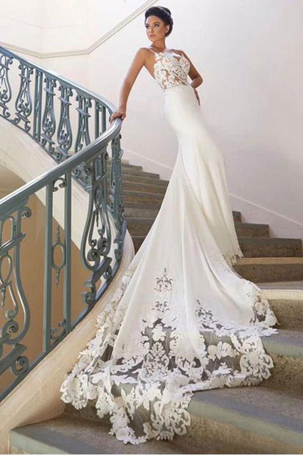 Spaghetti Strap Lace Wedding Dress Online with Chapel Train-showprettydress