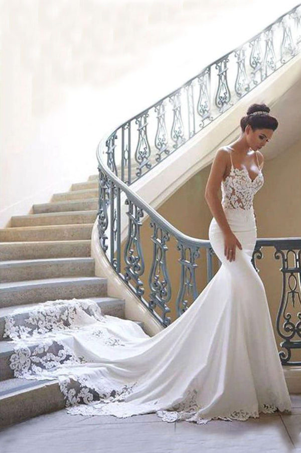 Spaghetti Strap Lace Wedding Dress Online with Chapel Train-showprettydress