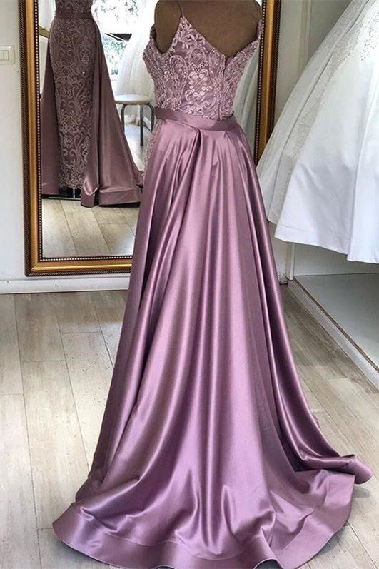Spaghetti Strap Lilac Sleeveless Evening Dress with Overskirt Chic V-back Prom Party Gowns with gorgeous Lace appliques-showprettydress