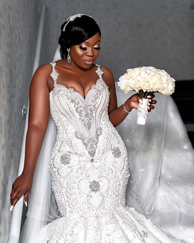 Spaghetti Strap Luxurious Sweetheart Wedding Dress Beading Appliques Mermaid Bridal Dresses-showprettydress