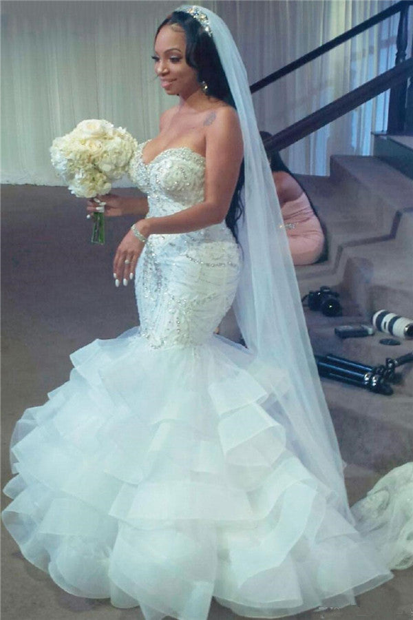 Spaghetti Strap Mermaid White Ruffless Bridal Gowns-showprettydress