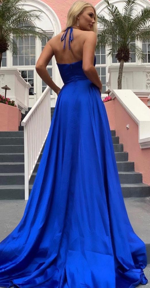 Spaghetti Strap Shiny Royal Blue Prom Party Gowns with High Split Chic V-neck Princess Evening dress On Sale-showprettydress