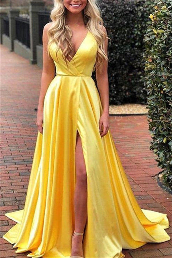 Spaghetti Strap Shiny Royal Blue Prom Party Gowns with High Split Chic V-neck Princess Evening dress On Sale-showprettydress