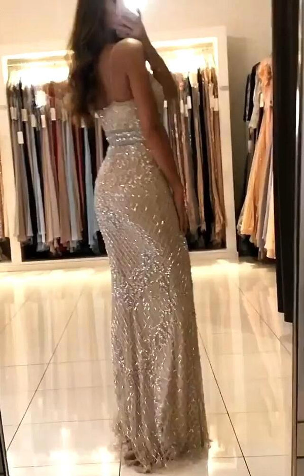 Spaghetti Strap Sparkle Sequin Column Long evening dress-showprettydress