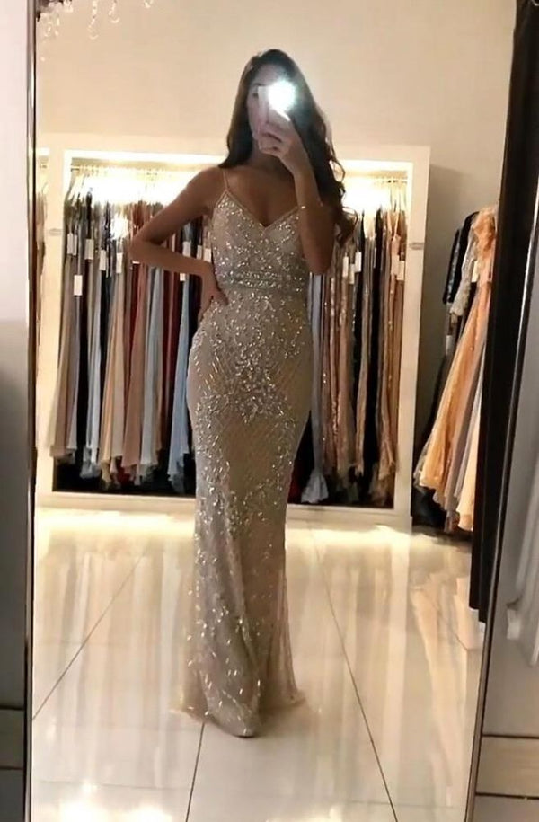 Spaghetti Strap Sparkle Sequin Column Long evening dress-showprettydress