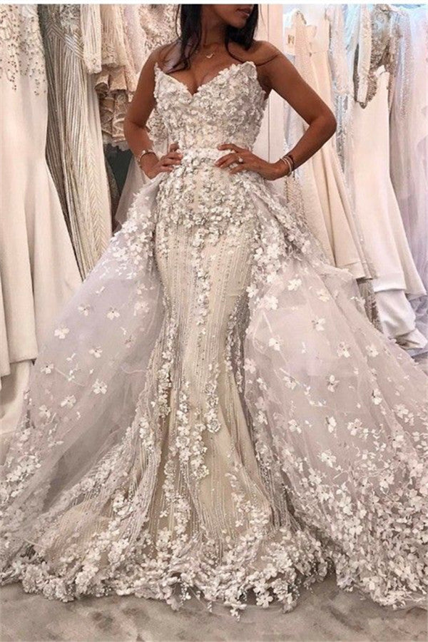 Spaghetti Strap White Mermaid Luxurious Wedding Dress with Lace Overskirt-showprettydress