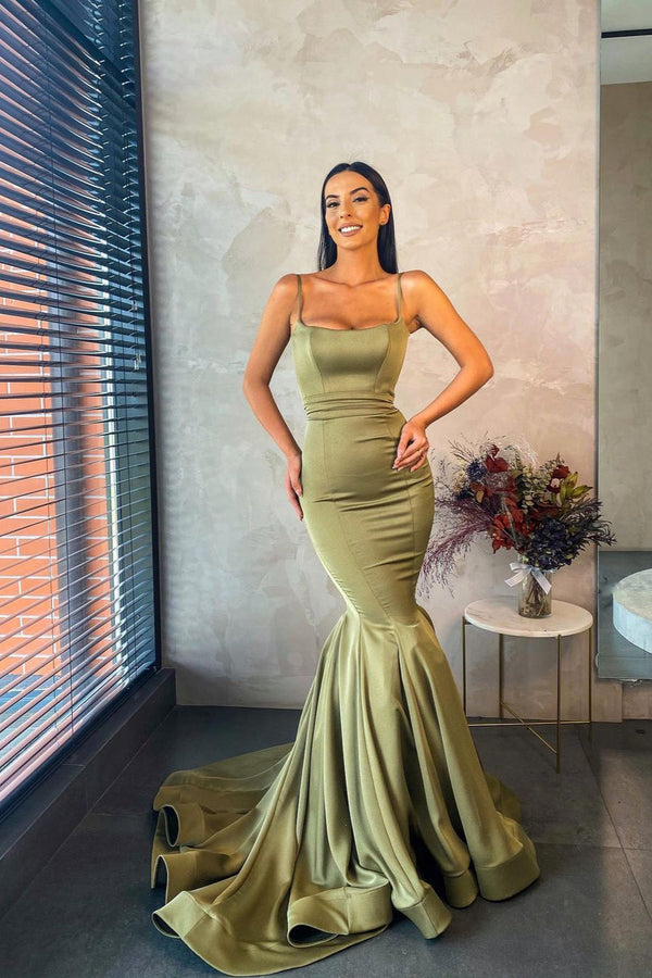 Spaghetti Straps Chiffon Green Mermaid Evening Dress Long-showprettydress