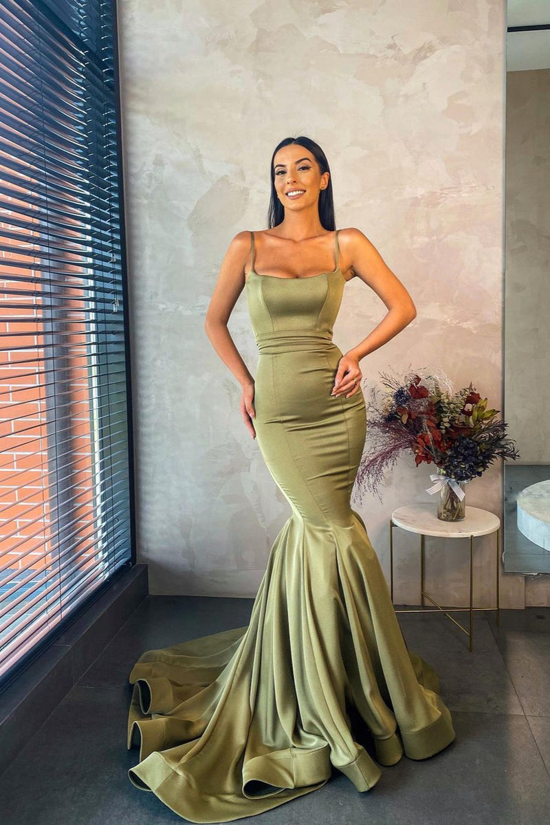 Spaghetti Straps Chiffon Green Mermaid Evening Dress Long-showprettydress