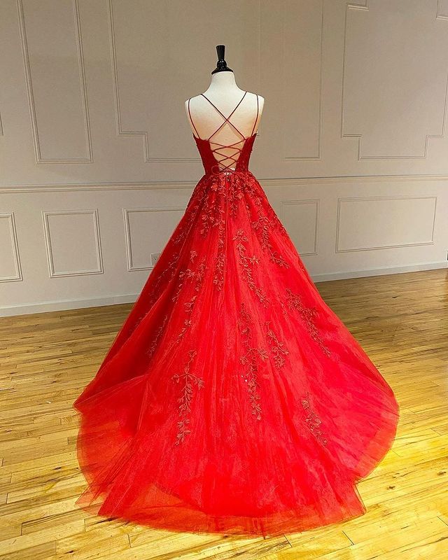 Spaghetti Straps Floral Lace Aline Evening Gown Sleeveless Prom Party Gowns-showprettydress
