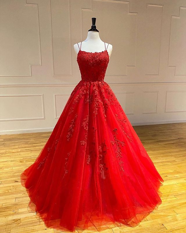Spaghetti Straps Floral Lace Aline Evening Gown Sleeveless Prom Party Gowns-showprettydress