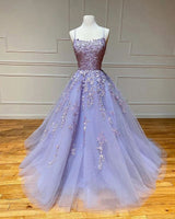 Spaghetti Straps Floral Lace Aline Evening Gown Sleeveless Prom Party Gowns-showprettydress