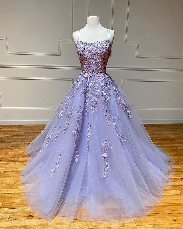 Spaghetti Straps Floral Lace Aline Evening Gown Sleeveless Prom Party Gowns-showprettydress