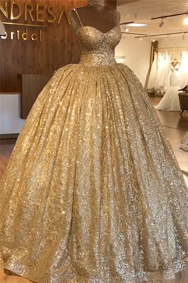 Spaghetti Straps Gold Beaded Lace Evening Dress Luxurious Ball Gown Princess Open Back Prom Party Gowns-showprettydress