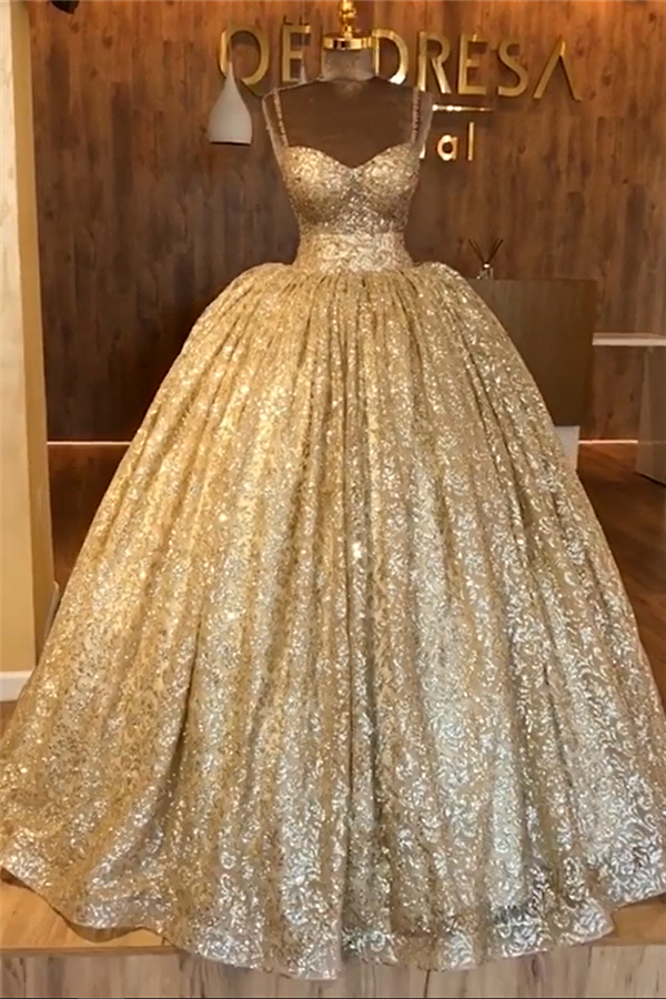 Spaghetti Straps Gold Beaded Lace Evening Dress Luxurious Ball Gown Princess Open Back Prom Party Gowns-showprettydress