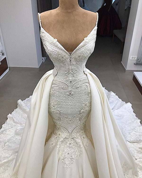 Spaghetti Straps Lace Fit and Flare Wedding Dresses Overskirt Appliques Detachable Satin Backless Bridal Gowns-showprettydress