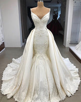 Spaghetti Straps Lace Fit and Flare Wedding Dresses Overskirt Appliques Detachable Satin Backless Bridal Gowns-showprettydress