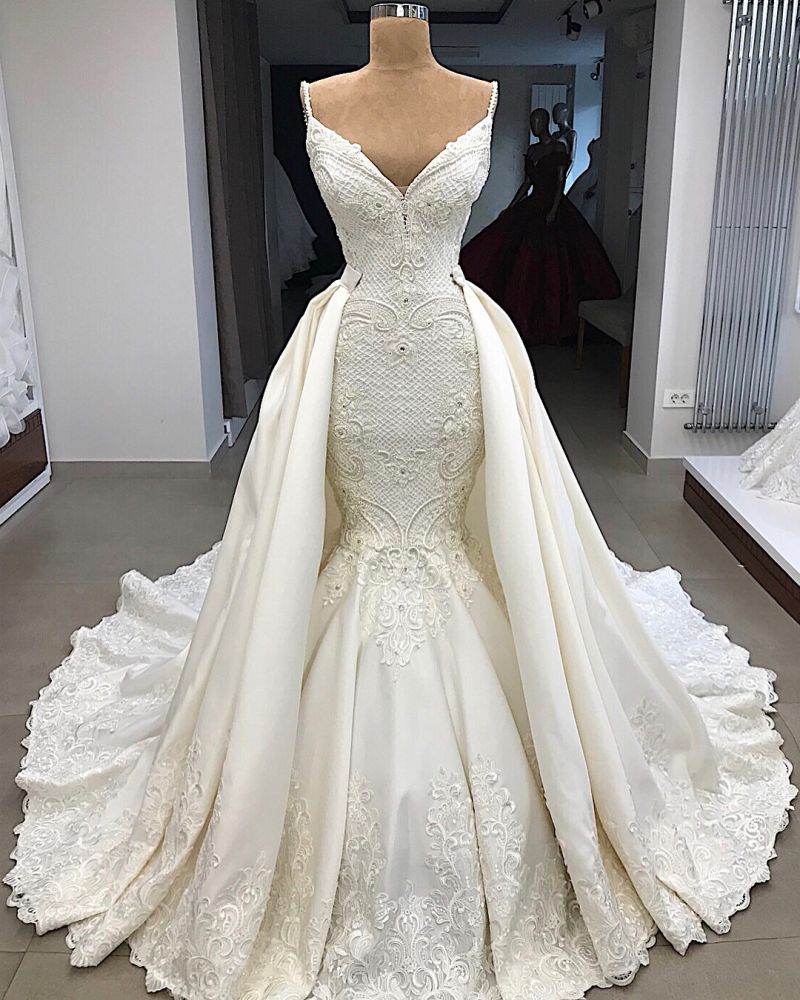 Spaghetti Straps Lace Fit and Flare Wedding Dresses Overskirt Appliques Detachable Satin Backless Bridal Gowns-showprettydress