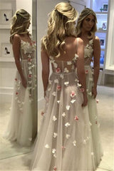 Spaghetti Straps Open Back Flowers Chic Evening Gown Corset Illusion Tulle Prom Party Gowns-showprettydress