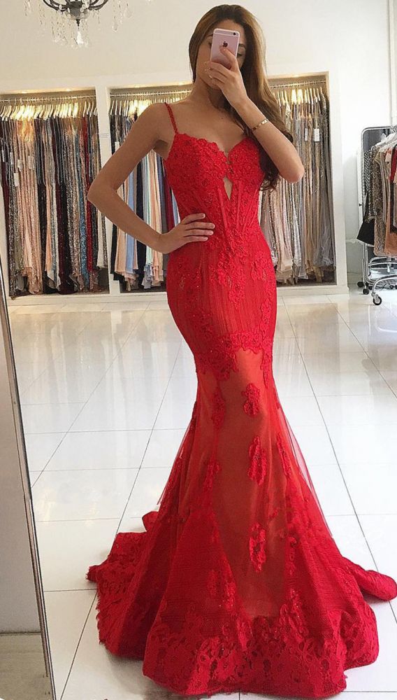 Spaghetti Straps Red Lace Evening Dresses Mermaid Chic Prom Dresses-showprettydress