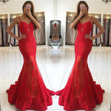 Spaghetti Straps Red Lace Evening Dresses Mermaid Chic Prom Dresses-showprettydress