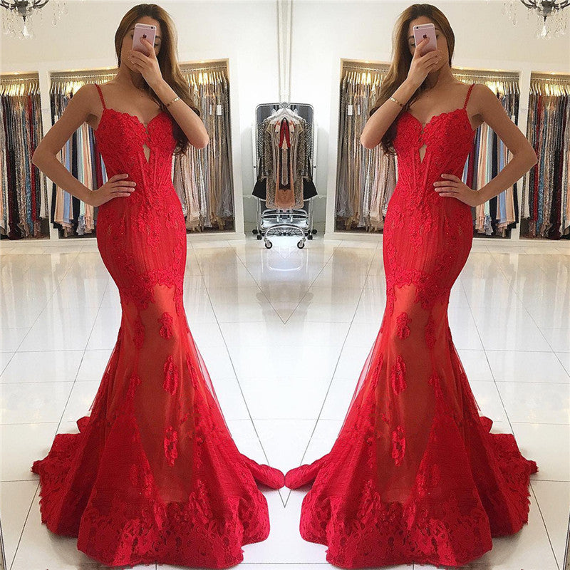 Spaghetti Straps Red Lace Evening Dresses Mermaid Chic Prom Dresses-showprettydress