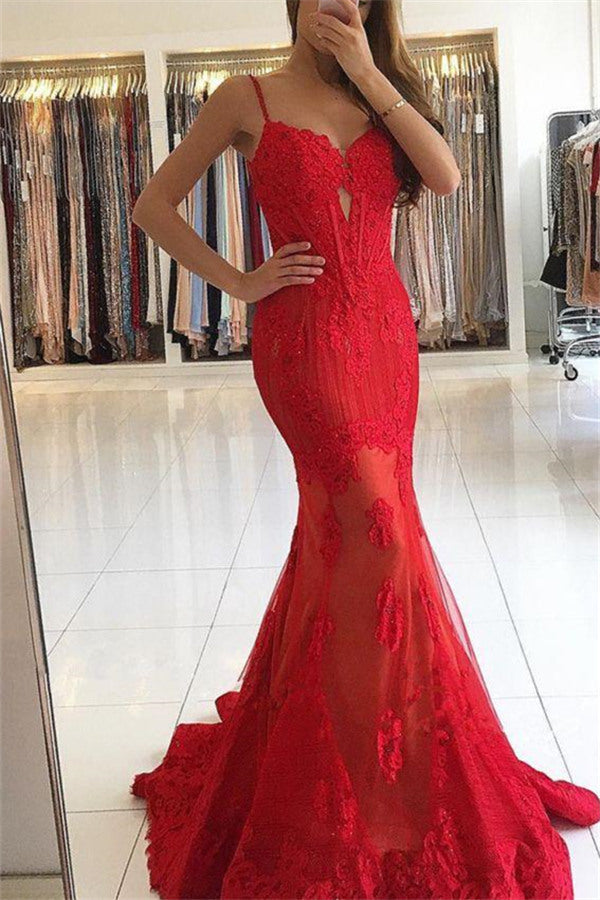 Spaghetti Straps Red Lace Evening Dresses Mermaid Chic Prom Dresses-showprettydress