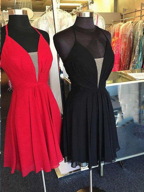 Spaghetti-Straps V-Neck Lace-Up Homecoming Dress-showprettydress