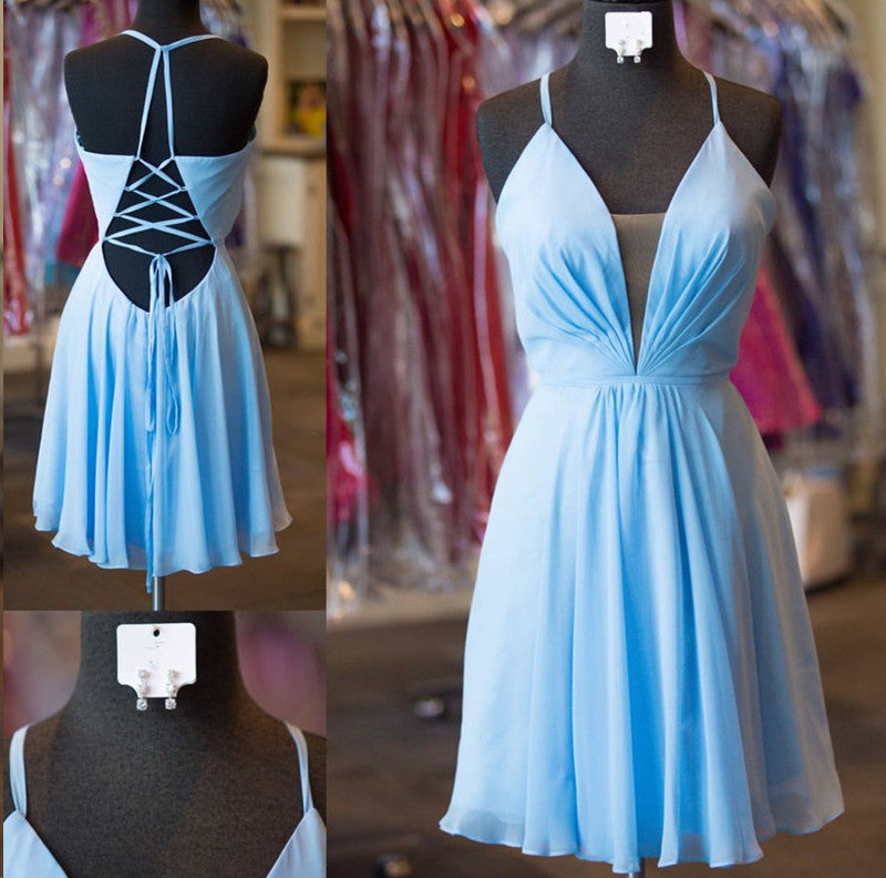 Spaghetti-Straps V-Neck Lace-Up Homecoming Dress-showprettydress