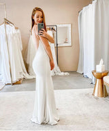Spaghetti Straps V neck Sheath Wedding Dresses Modern Backless Bridal Gowns-showprettydress