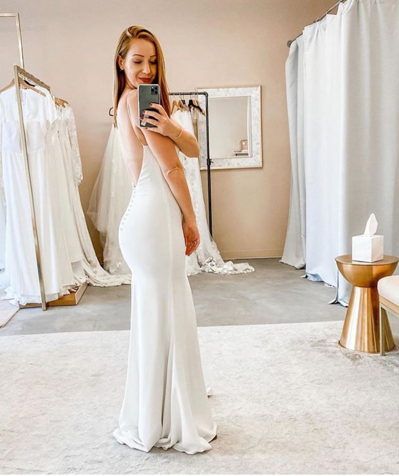 Spaghetti Straps V neck Sheath Wedding Dresses Modern Backless Bridal Gowns-showprettydress