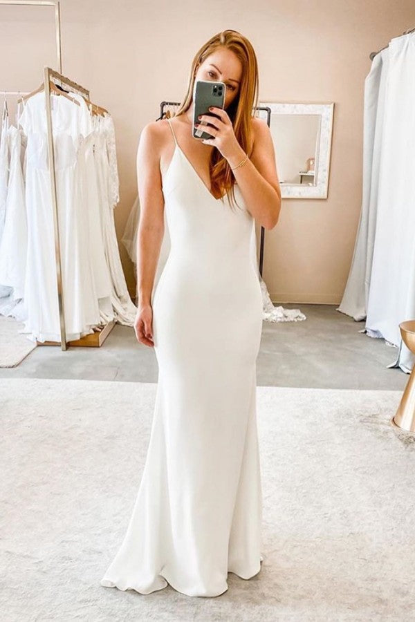 Spaghetti Straps V neck Sheath Wedding Dresses Modern Backless Bridal Gowns-showprettydress
