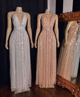Spaghetti V-neck Polka Sequins Tulle Floor Length Mermaid Prom Dresses-showprettydress