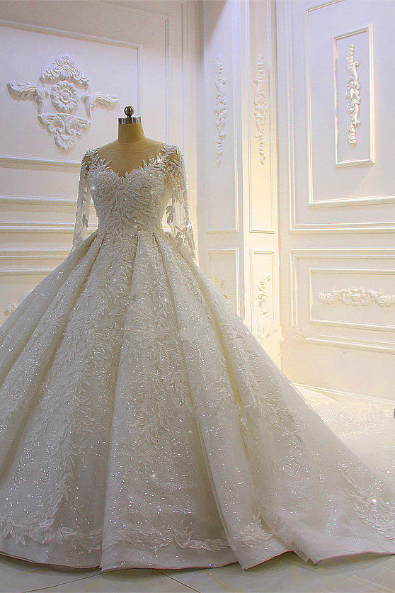 Sparkle 3D Lace Appliques Long Sleevess Church Train Wedding Dress-showprettydress