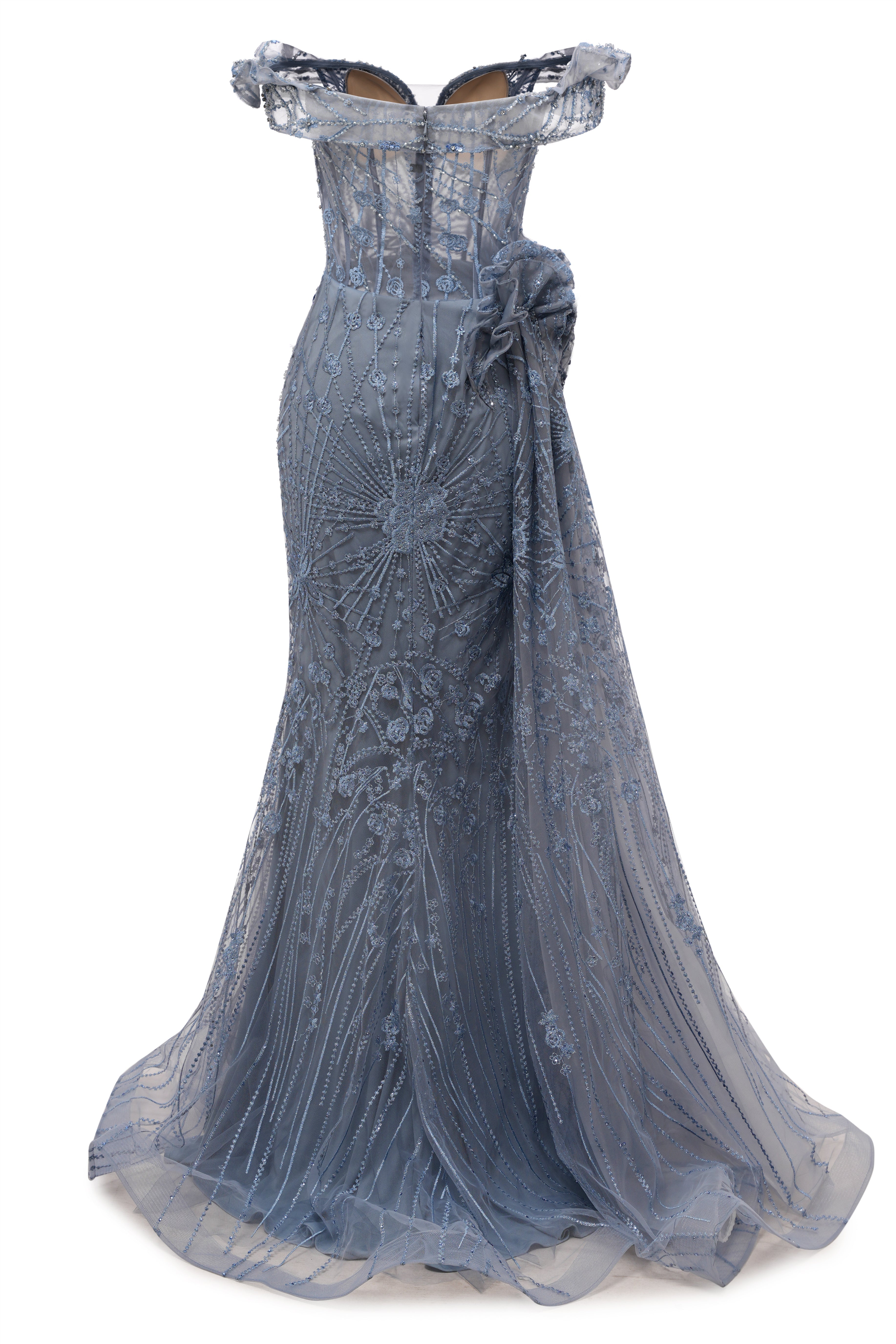 Sparkle Beaded Gray Off the shoulder Flowers Evening Dresses-showprettydress